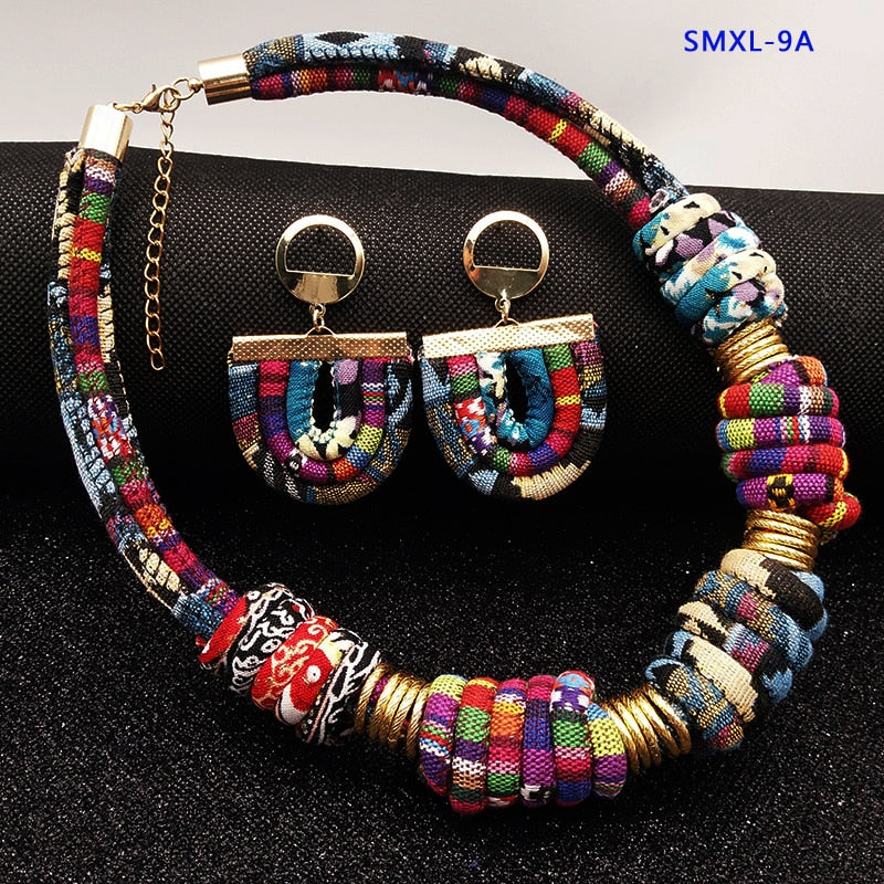 Cloth rope necklace with a set of earrings
