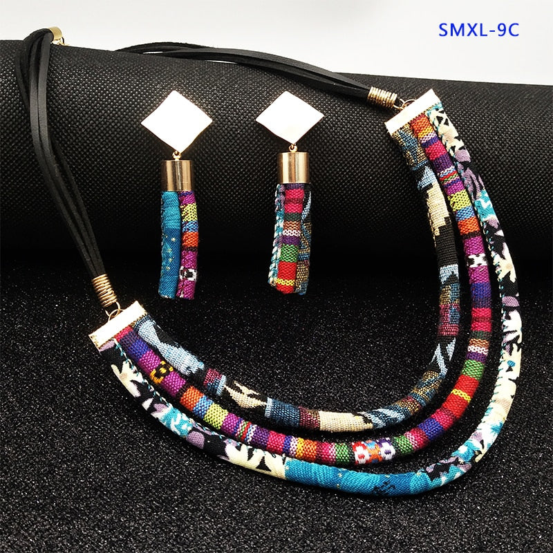 Cloth rope necklace with a set of earrings