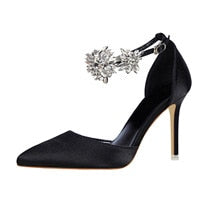 Rhinestone Silk Pointed Toe Buckle Strap Wedding Pumps
