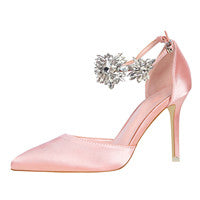 Rhinestone Silk Pointed Toe Buckle Strap Wedding Pumps