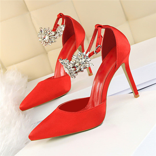 Rhinestone Silk Pointed Toe Buckle Strap Wedding Pumps