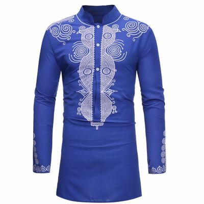 Royal Blue and Silver Mens Hipster African Dashiki Longline Shirt