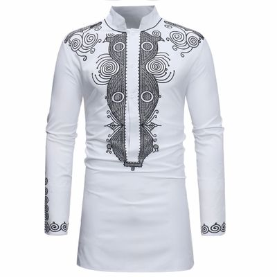 Silver and White Mens Hipster African Dashiki Longline Shirt