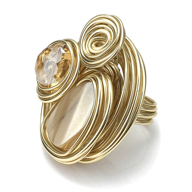 Boho Handmade Big Champagne Crystal Ring