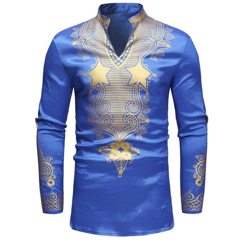 Royal Blue and gold Mens Hipster African Dashiki Longline Shirt