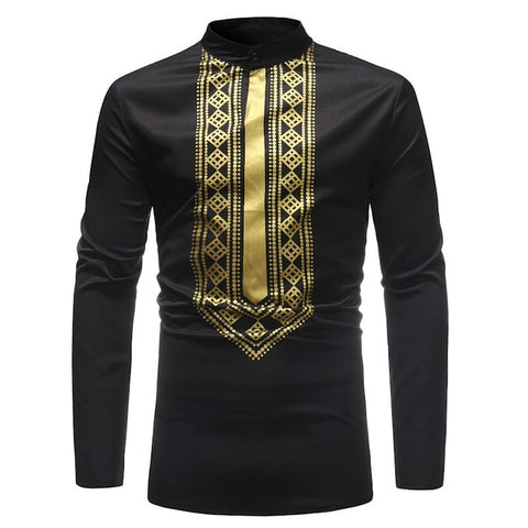 Black and Gold Diamond Pattern Mens Hipster African Dashiki Longline Shirt