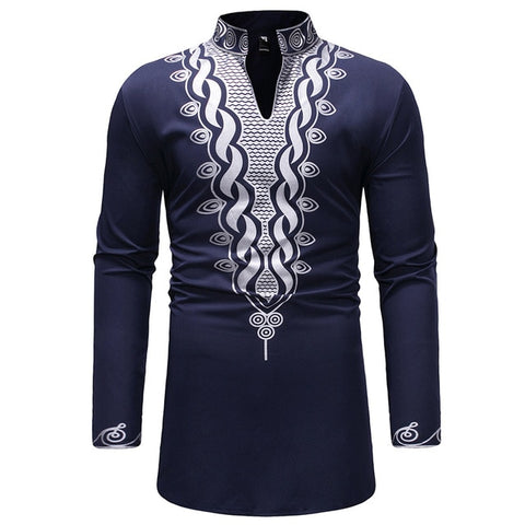 Navy and Silver Mens Hipster African Dashiki Longline Shirt