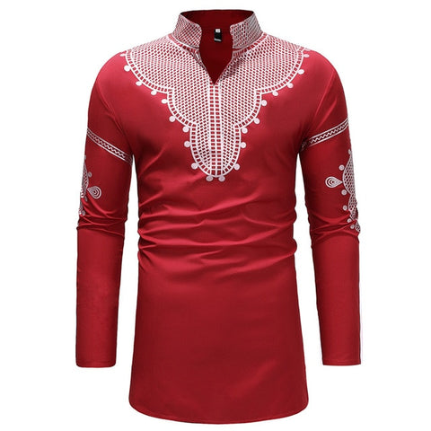 Red Mens Hipster African Dashiki Longline Shirt
